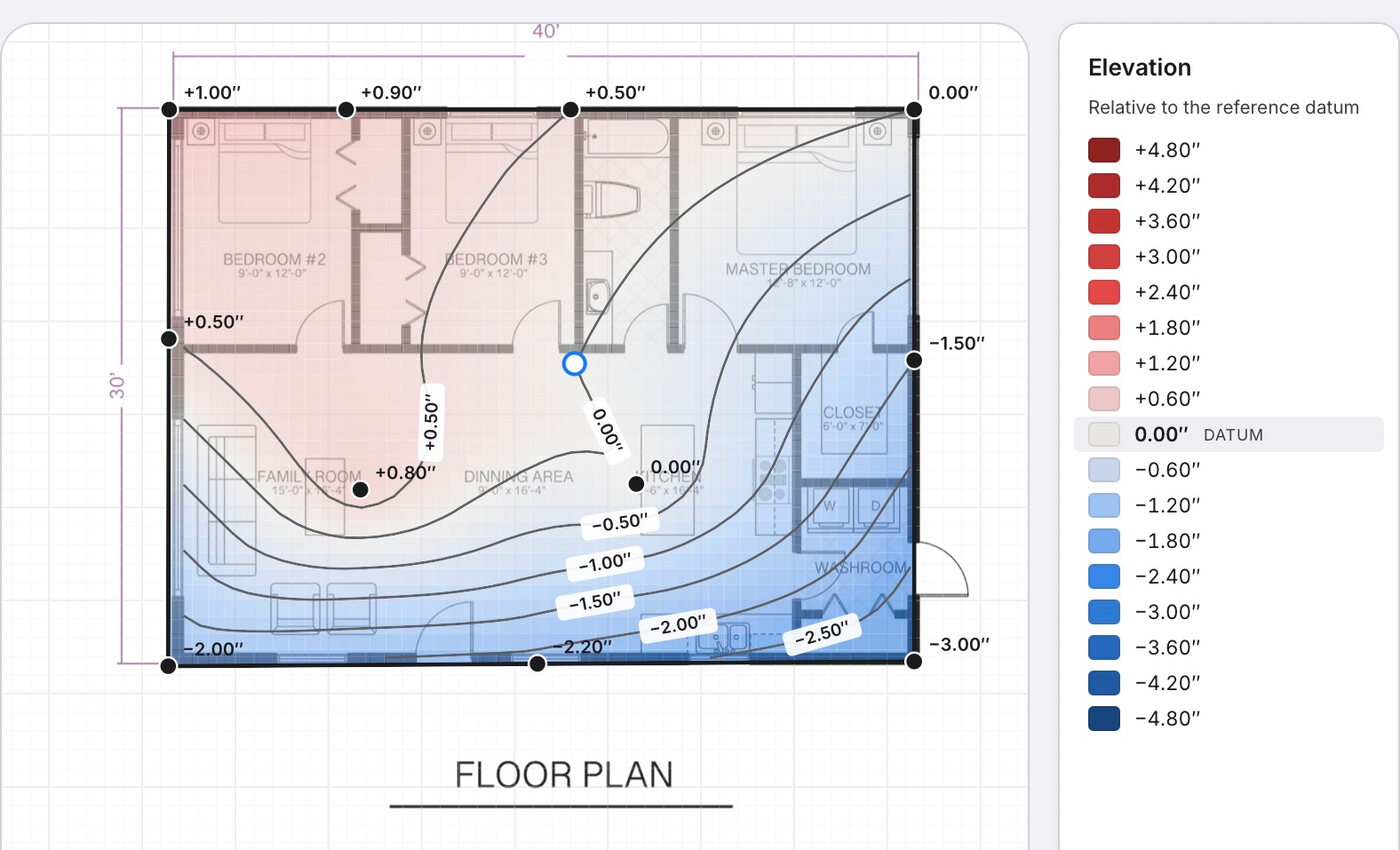 GradePoint Pro elevation contour map of a residential foundation on iPad.